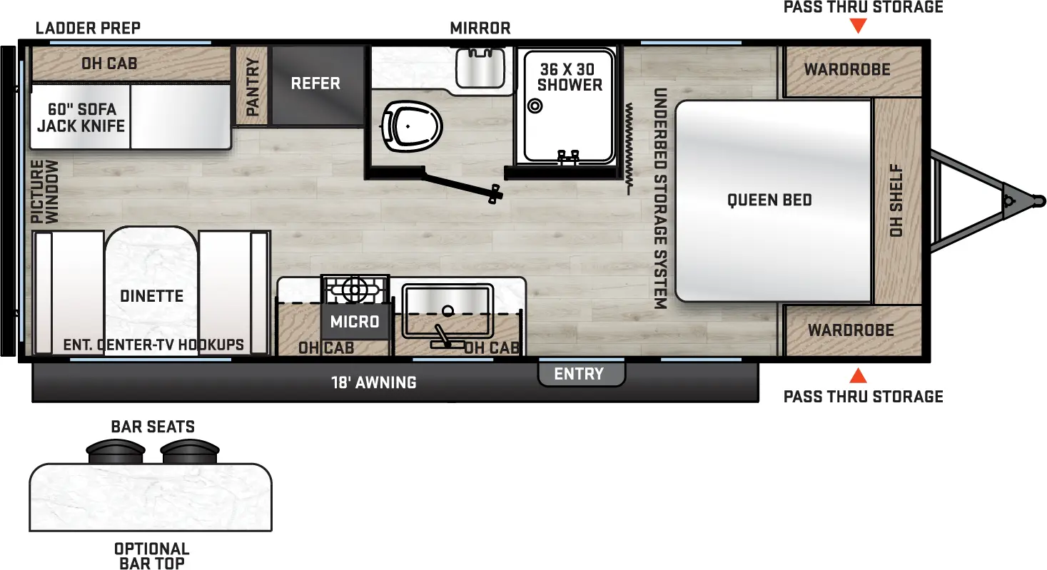 The Catalina Summit Series 8 221EPIC floorplan has one entry and zero slide outs. Exterior features include: metal exterior and 18' awning. Interiors features include: front bedroom.